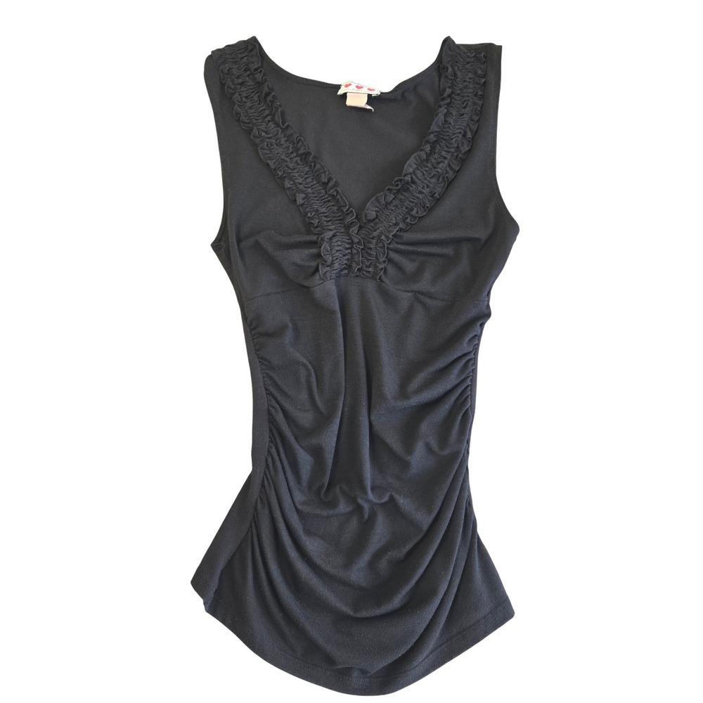 Vintage Y2K Babydoll Tank Top Womens S Black Ruched Ruffle Asymmetric Fairy Goth